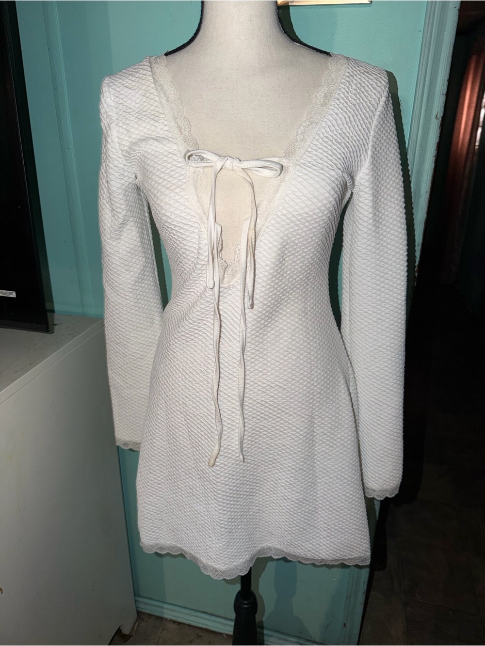 Women's White Lace-Trim Knit Tie-Front Dress